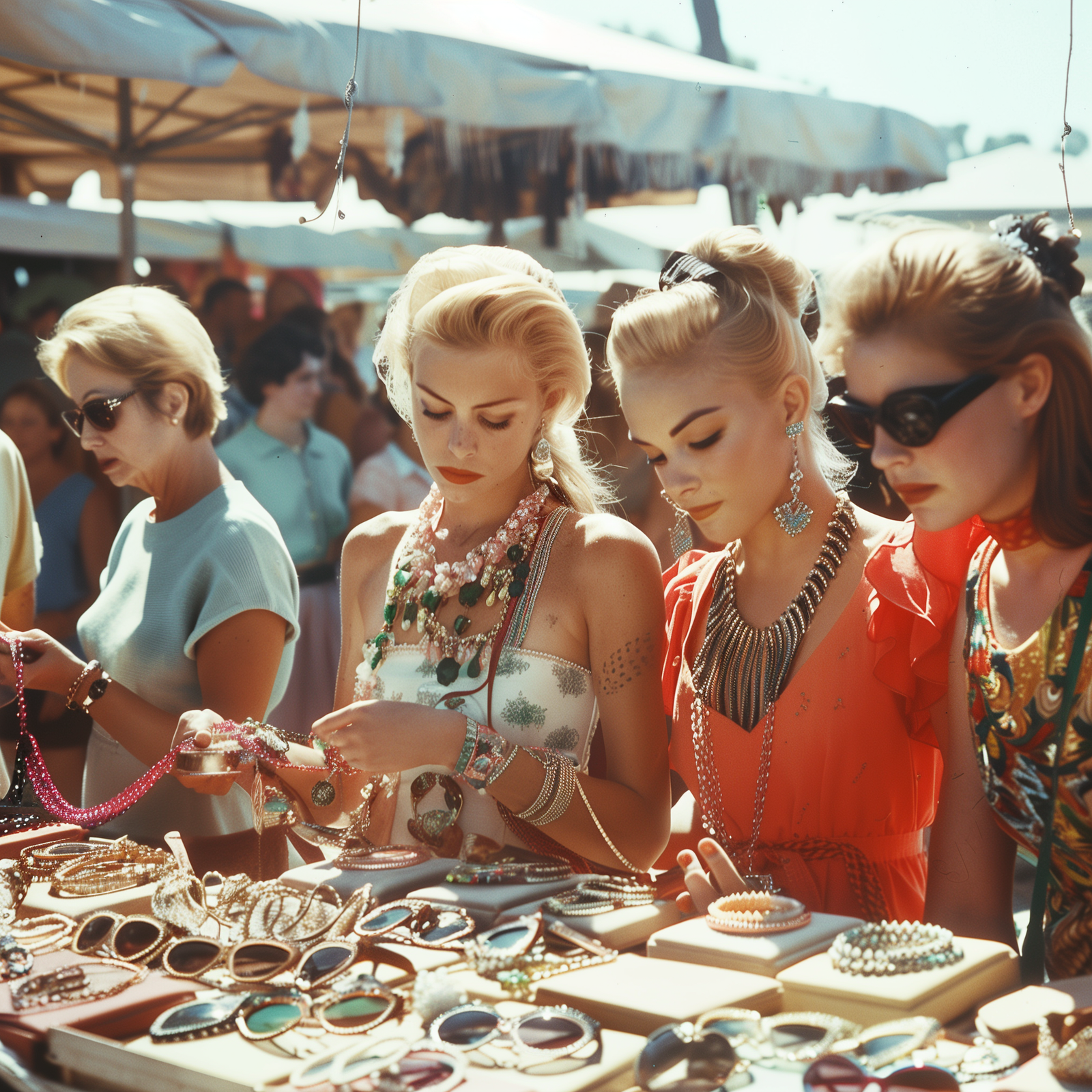 Four young ladies from the 1950s in bright dresses looking at a table full of vintage brooches, earrings and necklaces at the markets on a sunny day 